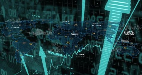 Interactive global market dashboard showing neon 3D arrows and geospatial analytics trends