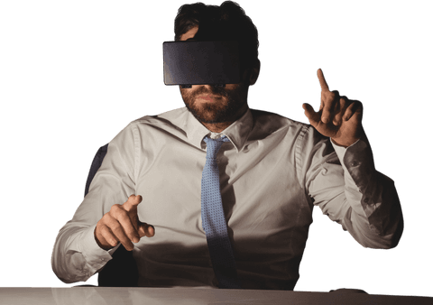 Transparent screen exposure with virtual reality businessman