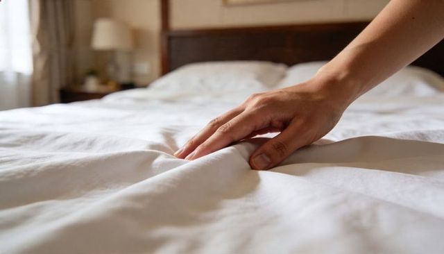 Right hand smoothing white bed linen on mattress in sunlit minimalist bedroom