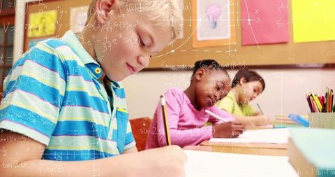 Diverse Students Learning in Classroom with Math Overlay