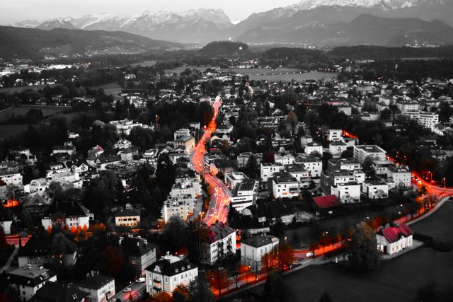 Aerial View of Alpine Town with Selective Color Effect - Download Free Stock Images Pikwizard.com