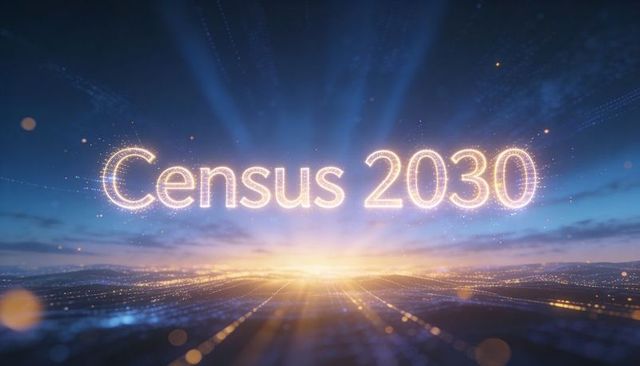 Census 2030 futuristic data horizon with glowing typography and digital particle grid