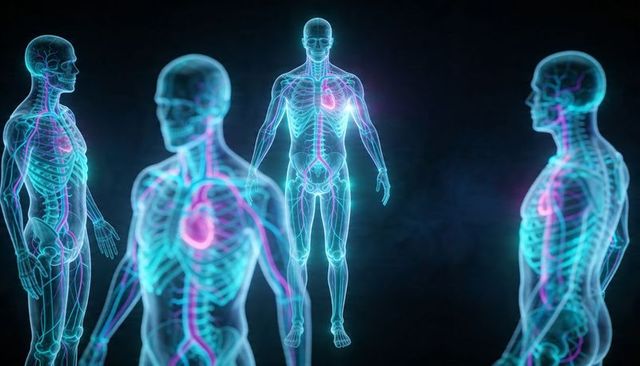 Futuristic holographic human anatomy showing glowing heart and vascular network in neon 3d
