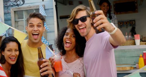 Diverse Friends Enjoying Outdoor Party, Smiling Selfie Moment - Download Free Stock Images Pikwizard.com