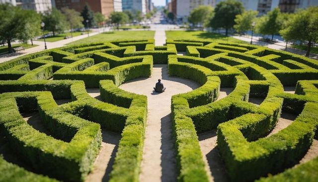 Man sitting in center of urban hedge maze contemplating solitude in green labyrinth
