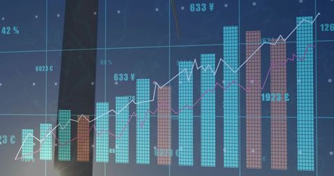 Rising Multi-Series Financial Bar Chart Showing Trend Lines on Glass Dashboard