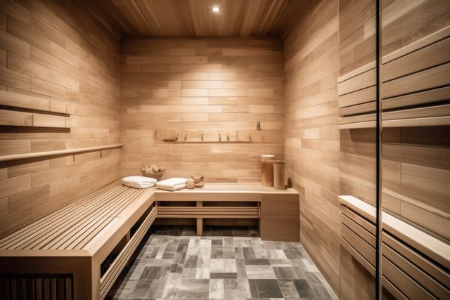Interior of wooden sauna with bench and accessories, created using generative ai technology. Sauna, relaxation and self care concept digitally generated image.