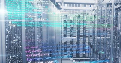 Cutting-edge data center with code overlay illustrating technological advancement