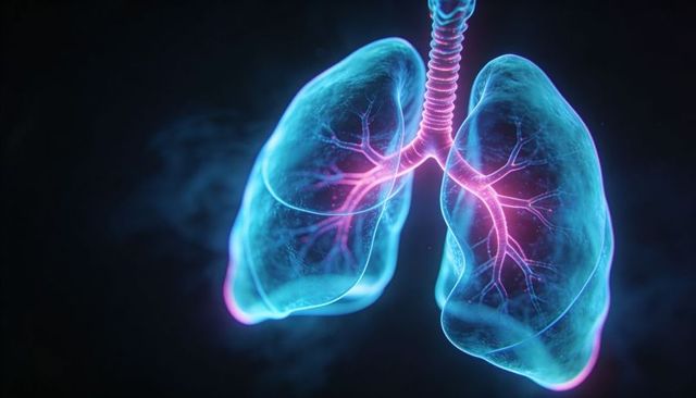 Glowing Neon Lungs 3D Render Showing Bronchi and Trachea in Cyan and Magenta