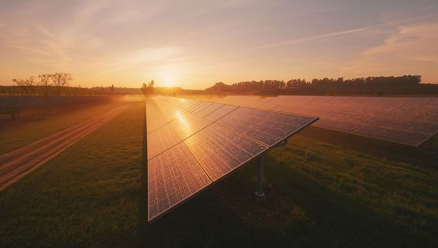Solar panels reflecting sunset light in scenic rural field