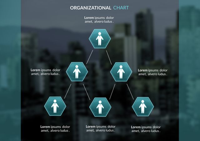 Modern organizational chart template integrating professional hierarchy with a cityscape background. Ideal for business presentations and corporate reports to visually display team structure and roles. Can be customized to fit specific organizational needs and showcase executive positions within a sleek city-themed visual.