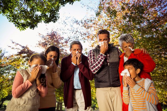 Family members of different ages standing outdoors in a park, all using tissues to blow their noses. Trees with autumn leaves in the background. Useful for illustrating seasonal allergies, common colds, or family health issues. Can be used in health-related articles, allergy medication advertisements, or family wellness campaigns.