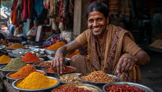 Smiling vendor selling colorful spices at traditional market stall