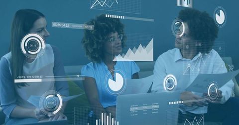 Professionals Collaborating with Digital Interface Overlaid on Reports