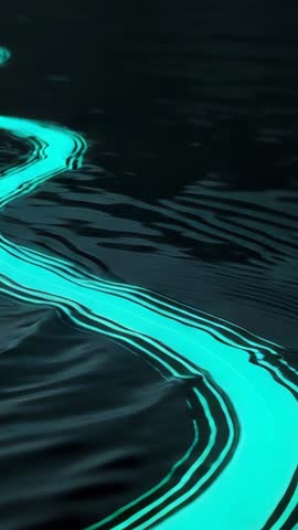 Glowing Turquoise Fluid Ribbon Drifting Across Dark Water, Neon Ripples Vertical Video Loop