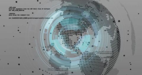 Futuristic digital globe with code snippets in virtual interface