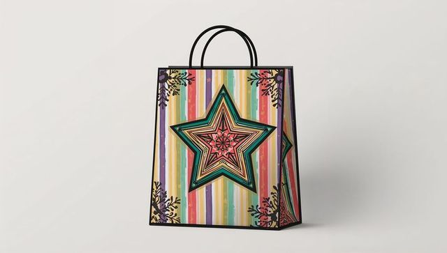 Colorful striped gift bag with geometric star and floral corners, pastel party gift packaging
