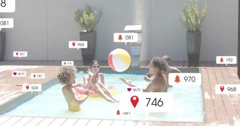 Friends tossing beach ball in backyard pool with social media notification overlays