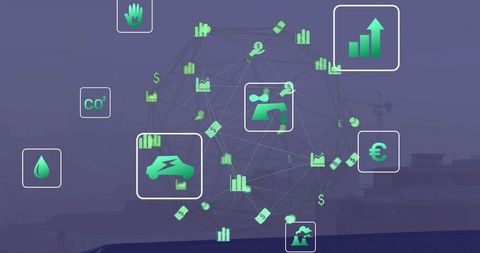 Futuristic sustainability network showing electric car, CO2, euro finance and growth charts