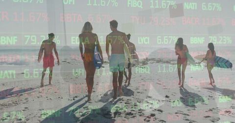 Dynamic beach surf adventure with stock market overlay