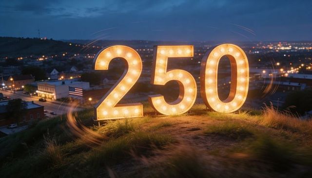 Glowing marquee 250 on grassy hilltop at blue hour with town lights and american flag