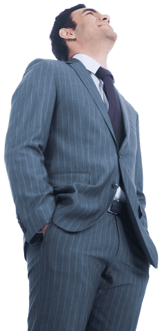 Confident Businessman Standing Proud in Striped Suit on Transparent Background