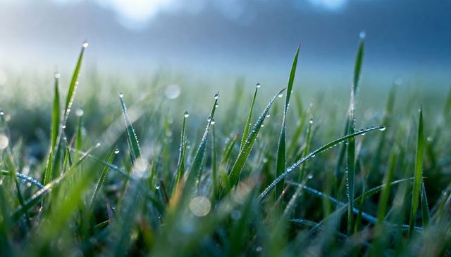 Morning dew glistening on grass blades with soft bokeh treeline and misty dawn light
