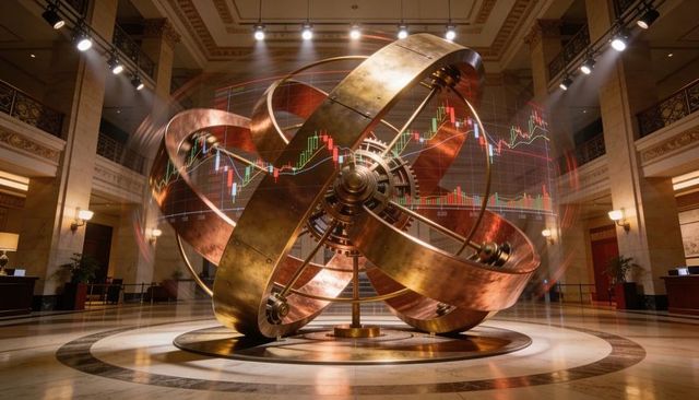 Kinetic brass armillary sphere rotating with stock market charts in grand neoclassical lobby