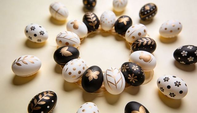 Elegant black white gold easter eggs wreath with handpainted floral motifs, gilded accents