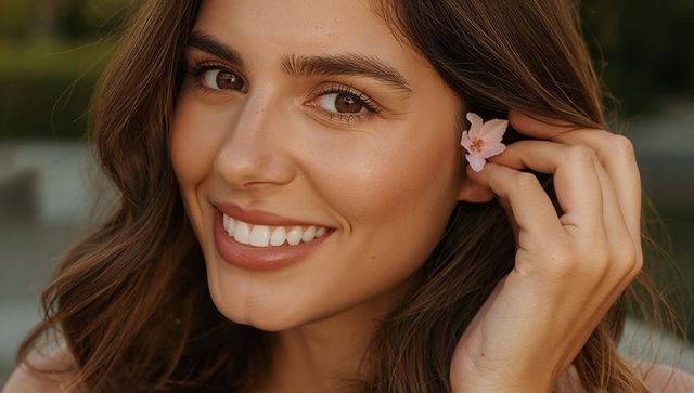 Smiling young woman holding pink blossom close-up portrait warm golden hour glow