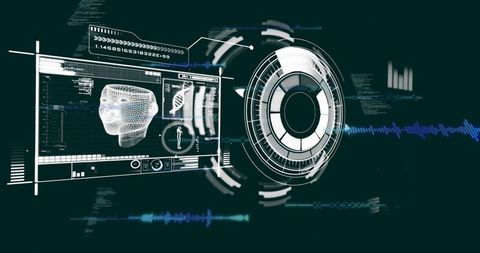 Futuristic Technology Interface with Wireframe Head and DNA Visualization