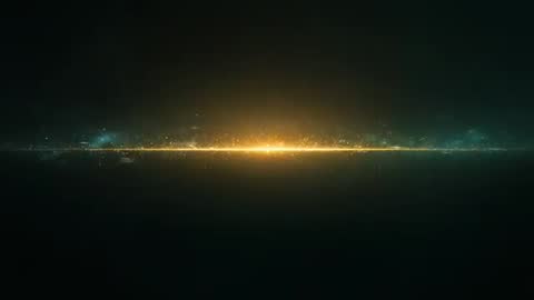 Glowing Gold Horizon Line Emitting Sparkling Particles Over Dark Reflective Field Looping