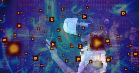 Girl exploring virtual reality with interactive digital icons