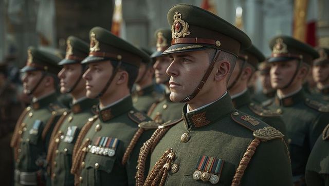 Row of Soldiers in Ceremonial Uniforms Displaying Military Tradition