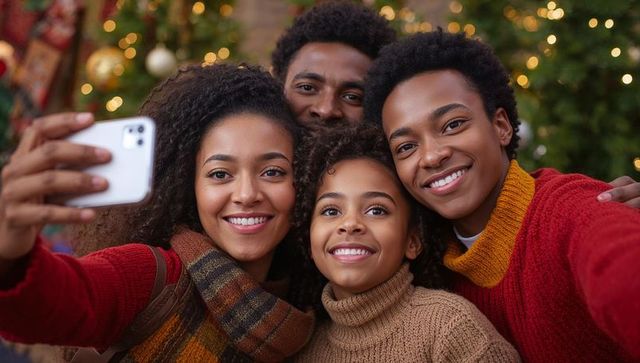 Cheerful Family Taking Selfie by Christmas Tree in Cozy Home