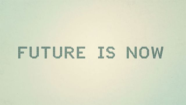 Teal dot-matrix future is now retro minimal typography on textured paper backdrop