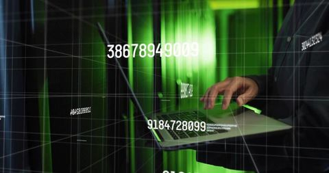 Cybersecurity Technician Analyzing Data in Server Room Network Hub