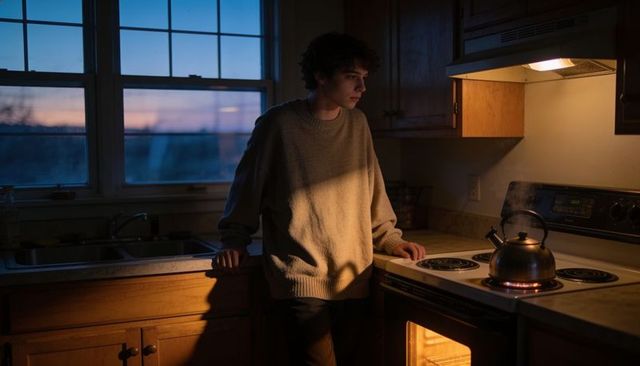 Teen wearing oversized sweater watching kettle on stove at twilight in cozy kitchen