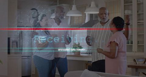 Clinking wine glasses and chatting in home kitchen with holographic cyber data overlay