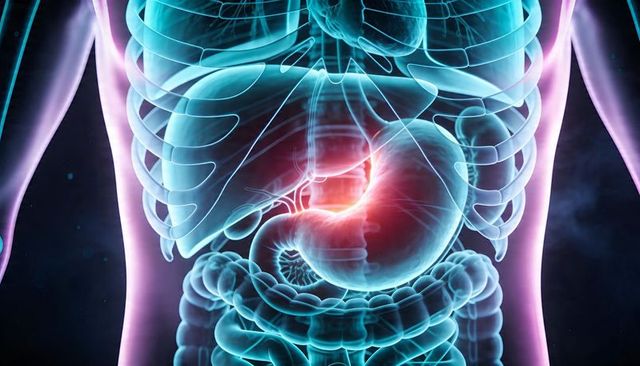 Translucent Torso Showing Inflamed Stomach Highlighting Gastric Pain and Digestive Anatomy