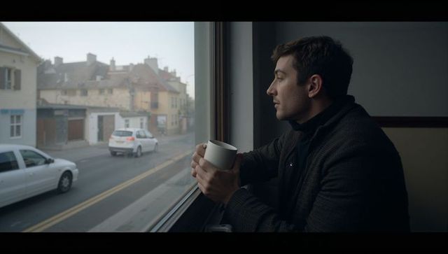 Young man gazing out window holding coffee in urban cafe contemplative moment