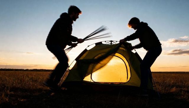 Two campers pitching green dome tent at sunset silhouette in open grassland twilight