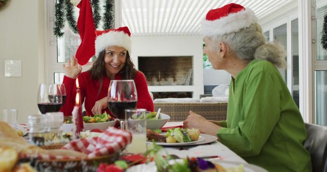 Festive Christmas Dinner Celebration with Family Santa Hats - Download Free Stock Images Pikwizard.com