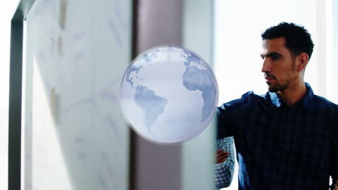 Businessman Analyzing Digital Global Connections on Whiteboard