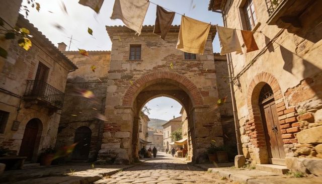 Sunlit mediterranean village gateway with hanging laundry, cobblestone street, market vendors