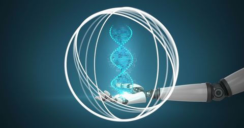 Robot arm holding glowing dna strand with white spiral