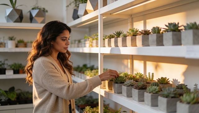 Woman selecting succulent in sunlit plant shop with concrete geometric planters
