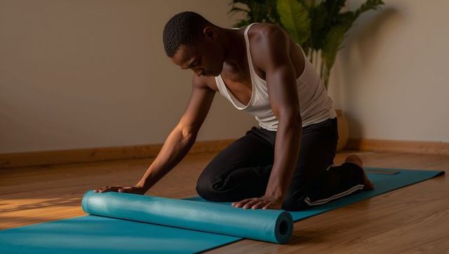 Kneeling black man smoothing blue yoga mat in minimalist home workout corner, wellness