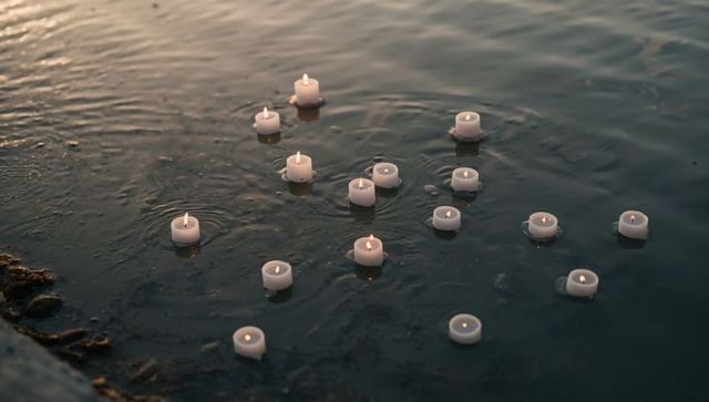 Floating tea light candles on twilight water casting warm reflections for serene memorial