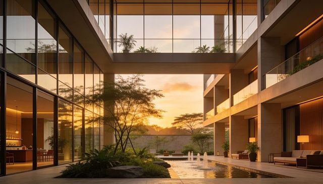 Sunset-bathed modern courtyard basking in warm light with reflective pool and fountains